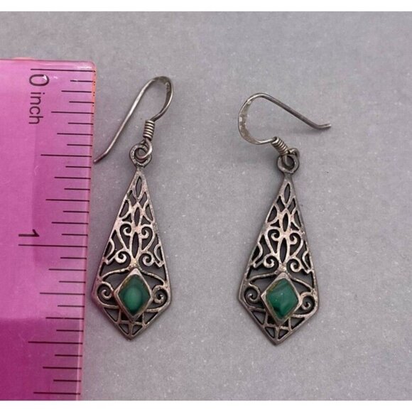 925 Sterling Silver Stone Filigree Dangle Drop Hook Earrings Oxidized Finish - Picture 5 of 7